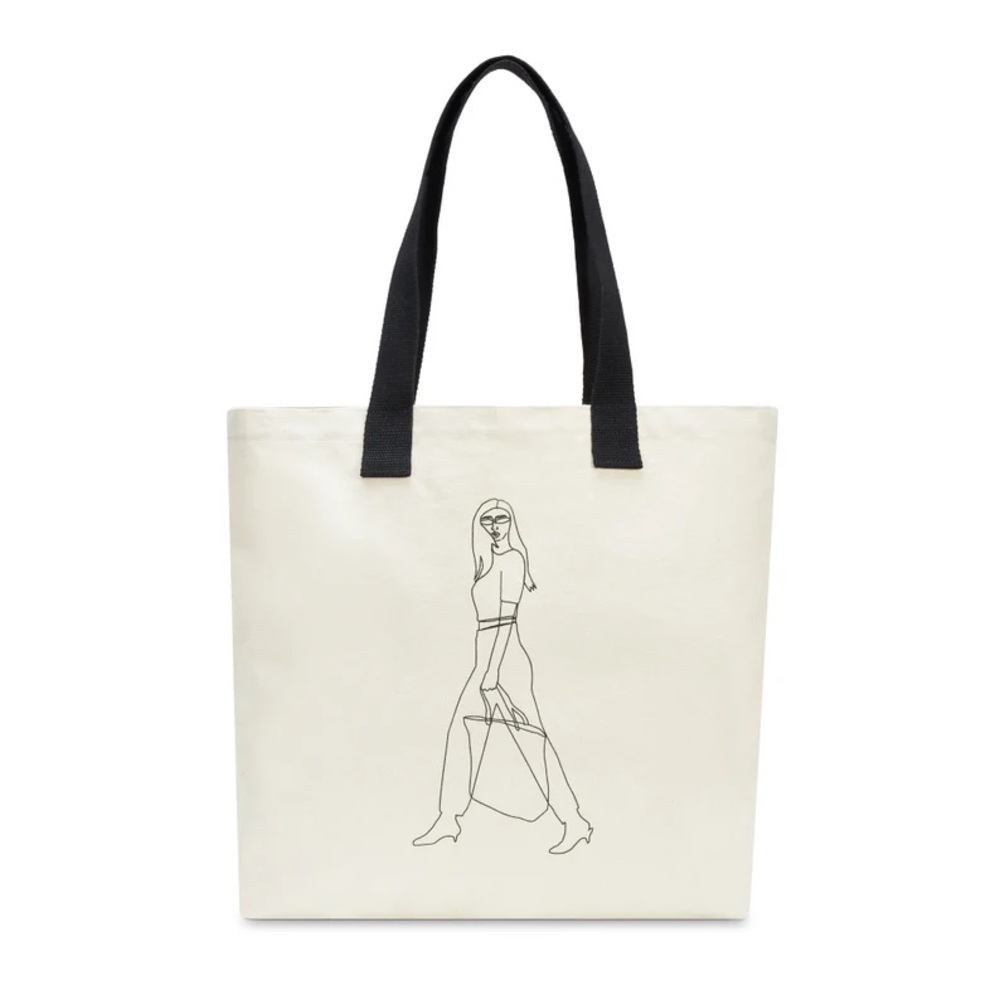 Canvas Tote Bag with Line Art - Cream/Black